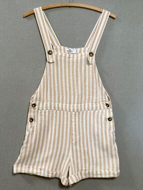 Hollister Tan White Striped Shorts Overalls Linen Blend Coastal Summer Women S